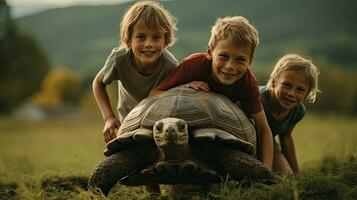 retrato niños con Tortuga en el zoo ai generativo foto