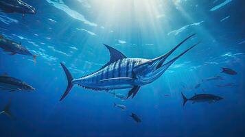 azul aguja pescado en el mar con ligero exposición ai generativo foto