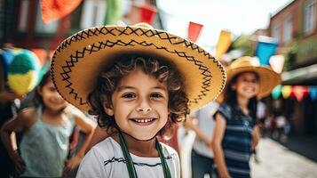 Portrait kids wearing sombrero smiling AI Generative photo
