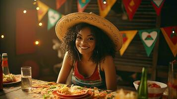 Portrait woman wearing sombrero with tacos on the table AI Generative photo