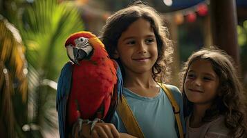 Portrait kids with parrot in the zoo with light exposure AI Generative photo