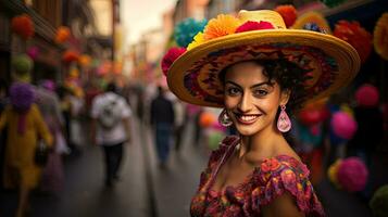 hermosa mujer con disfraz en el carnaval ai generativo foto