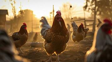 retrato pollo en el granja con ligero exposición ai generativo foto