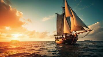 Portrait Pinisi ship sailing on the sea with light exposure AI Generative photo