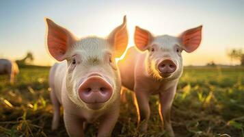 Portrait pig in the farm with light exposure AI Generative photo