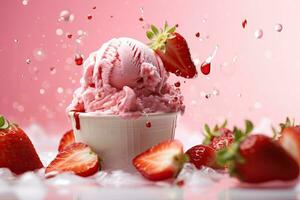 Delicious Strawberry ice cream with strawberry fruit AI Generative photo