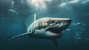 retrato de miedo blanco tiburón apareciendo en el mar ai generativo foto