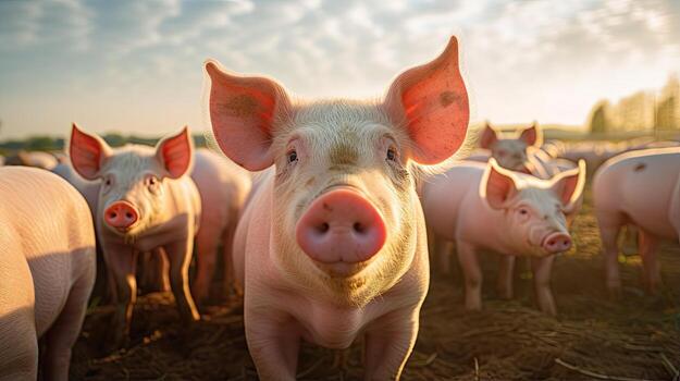 Portrait pig in the farm with light exposure AI Generative photo