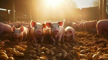 Portrait pig in the farm with light exposure AI Generative photo