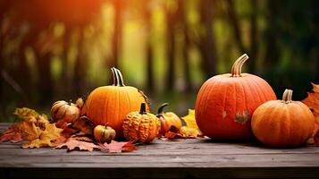 Portrait pumpkin on the wooden table photo