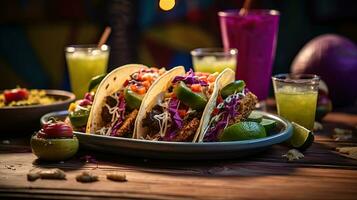 Delicious tacos with drink on the table AI Generative photo