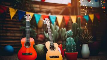 retrato guitarra en el mesa con cactus en el maceta ai generativo foto