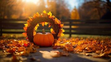 Portrait pumpkin with autumn leaf AI Generative photo