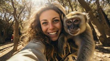 Portrait beautiful woman talking selfie with monkey AI Generative photo