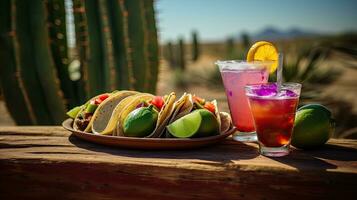 Delicious tacos with drink on the table AI Generative photo