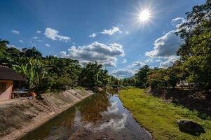 Landscape view of mountains and river of Sapan Village At nan Thailand.Sapan is Small and tranquil Village in the mountain.Thailand destination travel photo