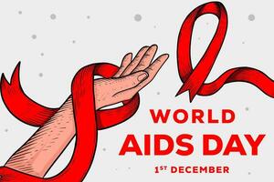 world aids day background illustration with hands and red ribbon vector