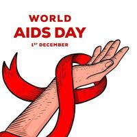 hand drawn vector world aids day illustration with hand and red ribbon