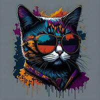 vistoso pintada de un gracioso gato vistiendo un camisa y Gafas de sol. imprimible diseño para camiseta foto