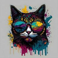 vistoso pintada de un gracioso gato vistiendo un camisa y Gafas de sol. imprimible diseño para camiseta foto