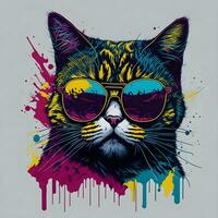 vistoso pintada de un gracioso gato vistiendo un camisa y Gafas de sol. imprimible diseño para camiseta foto
