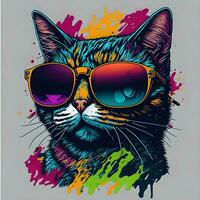vistoso pintada de un gracioso gato vistiendo un camisa y Gafas de sol. imprimible diseño para camiseta foto