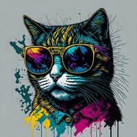 vistoso pintada de un gracioso gato vistiendo un camisa y Gafas de sol. imprimible diseño para camiseta foto