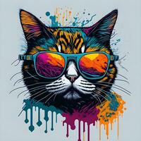 vistoso pintada de un gracioso gato vistiendo un camisa y Gafas de sol. imprimible diseño para camiseta foto