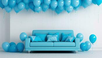 Blue sofa and balloons in living room. Generative AI. photo