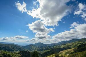 Mountain landscape view and blue sky at nan province.Nan is a rural province in northern Thailand bordering Laos photo