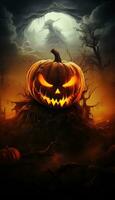 Spooky Halloween Pumpkin in Fire and Darkness AI generated photo