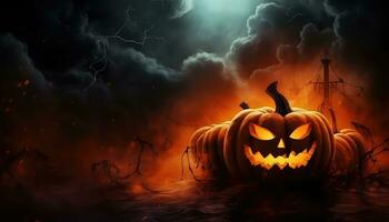 Spooky Halloween Pumpkin in Fire and Darkness AI generated photo