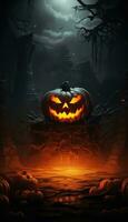 Spooky Halloween Pumpkin in Fire and Darkness AI generated photo