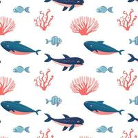 Marine background with ocean animals and plants for textiles and various designs. Seamless pattern with fish and marine animals and algae. vector