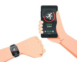 Using a smartwatch. Smartwatch dan smartphone tracking app on the screen vector