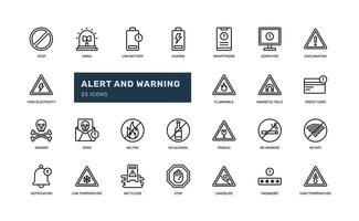 Alert and warning signal caution danger detailed outline line icon set vector