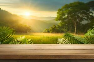 An Empty Wood Product Display Table Surrounded by Foliages Premade Photo Mockup Background