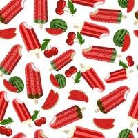 Seamless pattern ice cream watermelon with seeds and cherry flavor on a white background. Vector illustration