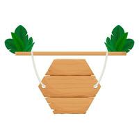 Wooden board banner, honeycomb shape suspended on ropes. Wooden signboard template on a white background. Vector illustration