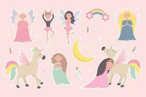 Sticker pack of fairies princesses and unicorns flat cartoon style. Vector illustration of cute children characters isolate