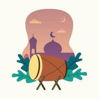 Flat Illustration of Bedug Drum with Silhouette of Mosque Isolated on a white background. vector