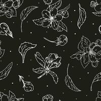 Floral seamless pattern. White cherry blossom on black background. Hand drawn vector pattern for textile, wallpapers, print, wrapping paper.