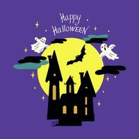 City, fabulous houses. Halloween holiday. Postcard, banner with bat, ghosts. Lettering Happy Halloween. Vector illustration.