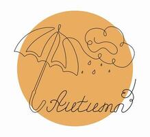 Vector illustration of parasol and water icon. Umbrella line art. Cloud, rain. Autumn banner. Calligraphy lettering. Autumn season, rainy weather. Contour vector drawing isolated background.