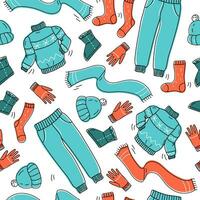 Collection of warm, cozy clothes and shoes. Seamless pattern. Cold season, autumn, winter. Vector illustration in doodle style.