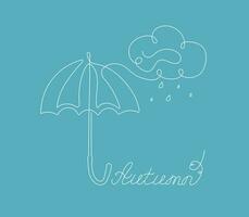 Vector illustration of parasol and water icon. Umbrella, accessory, line art. Cloud, rain. Autumn banner. Calligraphy lettering, season, rainy weather. Contour vector drawing  isolated background.