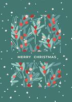 Christmas and Happy New Year illustration with with branches, leaves, berries, snowflakes. Trendy retro style. Vector design template.