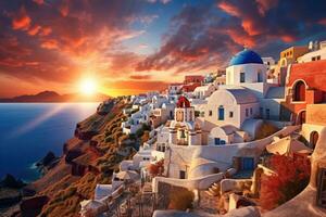 hermosa puesta de sol terminado santorini isla, Grecia. belleza mundo, hermosa ver de iglesias en oia aldea, santorini isla en Grecia a atardecer, con dramático cielo, ai generado foto