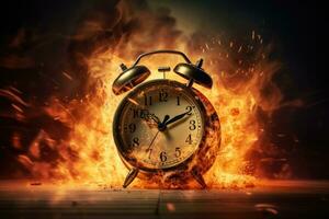 Burning alarm clock on wooden table. Time is running out concept, burning alarm clock. time is running concept, AI Generated photo