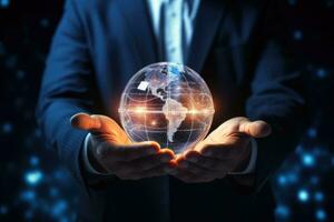 Close up of businessman holding in palms glowing earth globe. Elements of this image are furnished by NASA, Businessman hand holding a global network hologram in his hand. 3D rendering, AI Generated photo